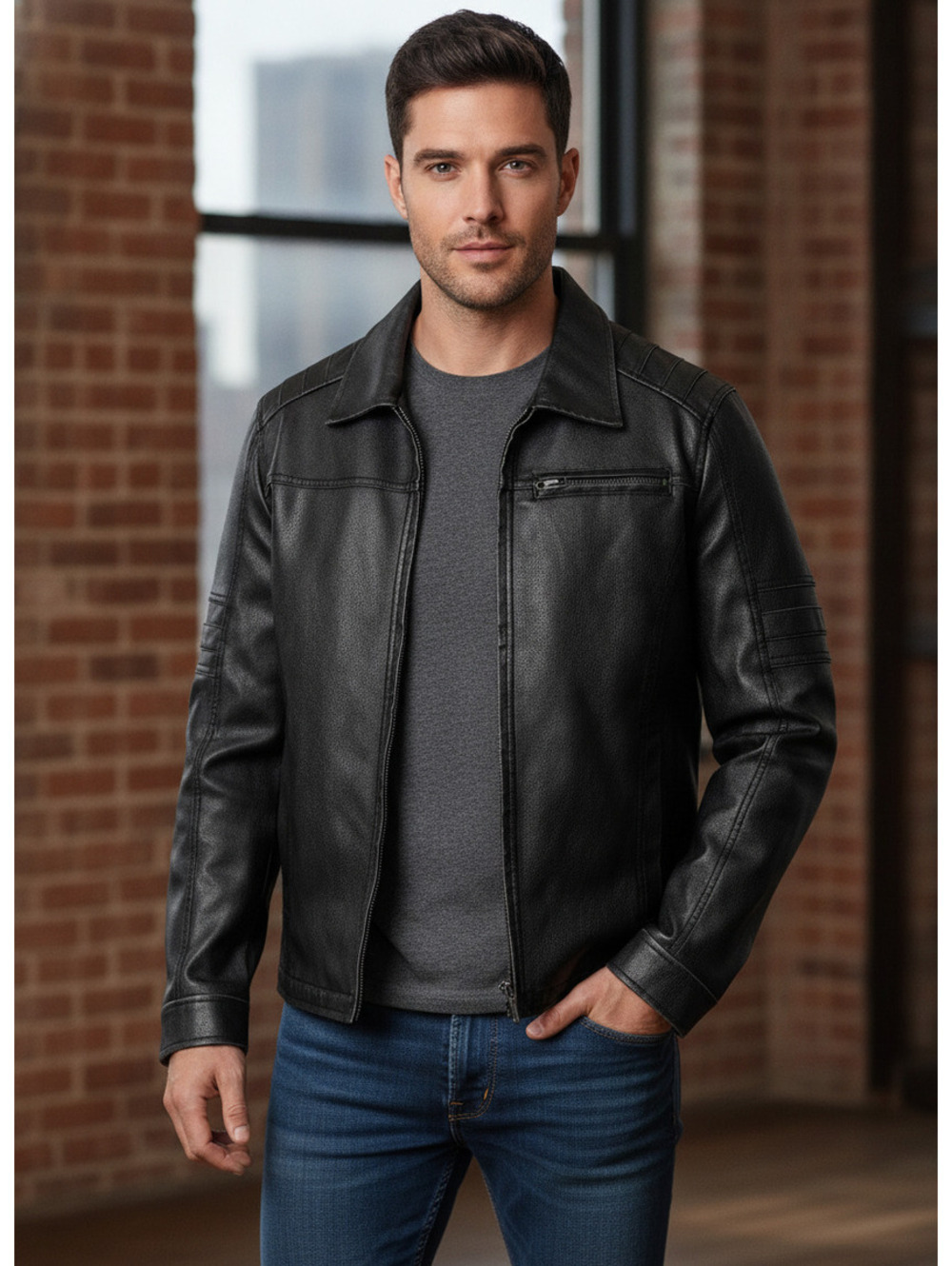 Men's Guess Black Faux Leather Bomber Cafe Biker Jacket Coat Small Lined FullZip